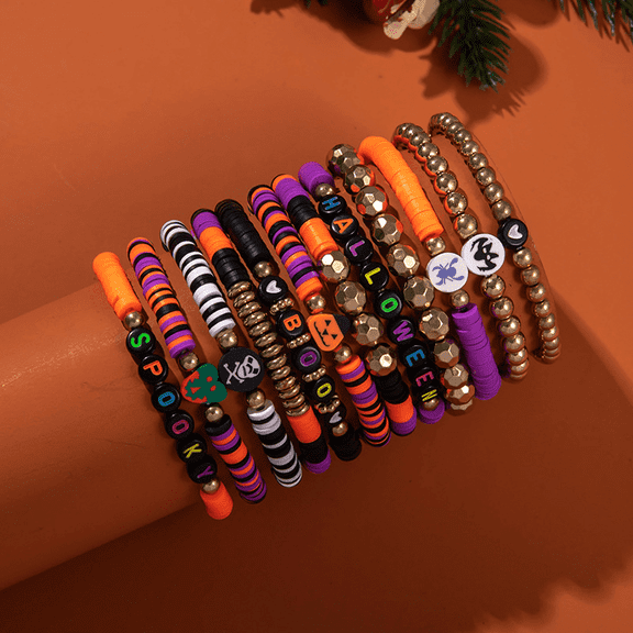 Kicpot 12Pcs Halloween Ghost Pumpkin Bracelet Rainbow Vinyl Disc Clay Beaded Stretch Bracelets Elastic Layering