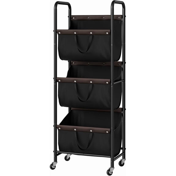 3 Tier Laundry Sorter, Laundry Basket with Wheels, Laundry Room Organization and Storage, 3 Section Rolling Laundry Cart for Dorm, Bathroom, Bedroom, Closet, Black