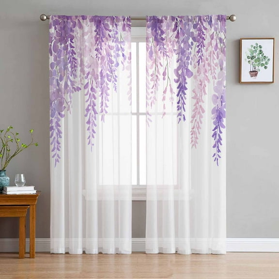 Spring Flowers Sheer Curtains 63 Inches Length 2 Panels Set, Window Sheer Curtains for Living Room/Bedroom, Purple Lavender Floral Modern Pastoral Light Filtering Rod Pocket Curtain 52'' x 63'' x 2
