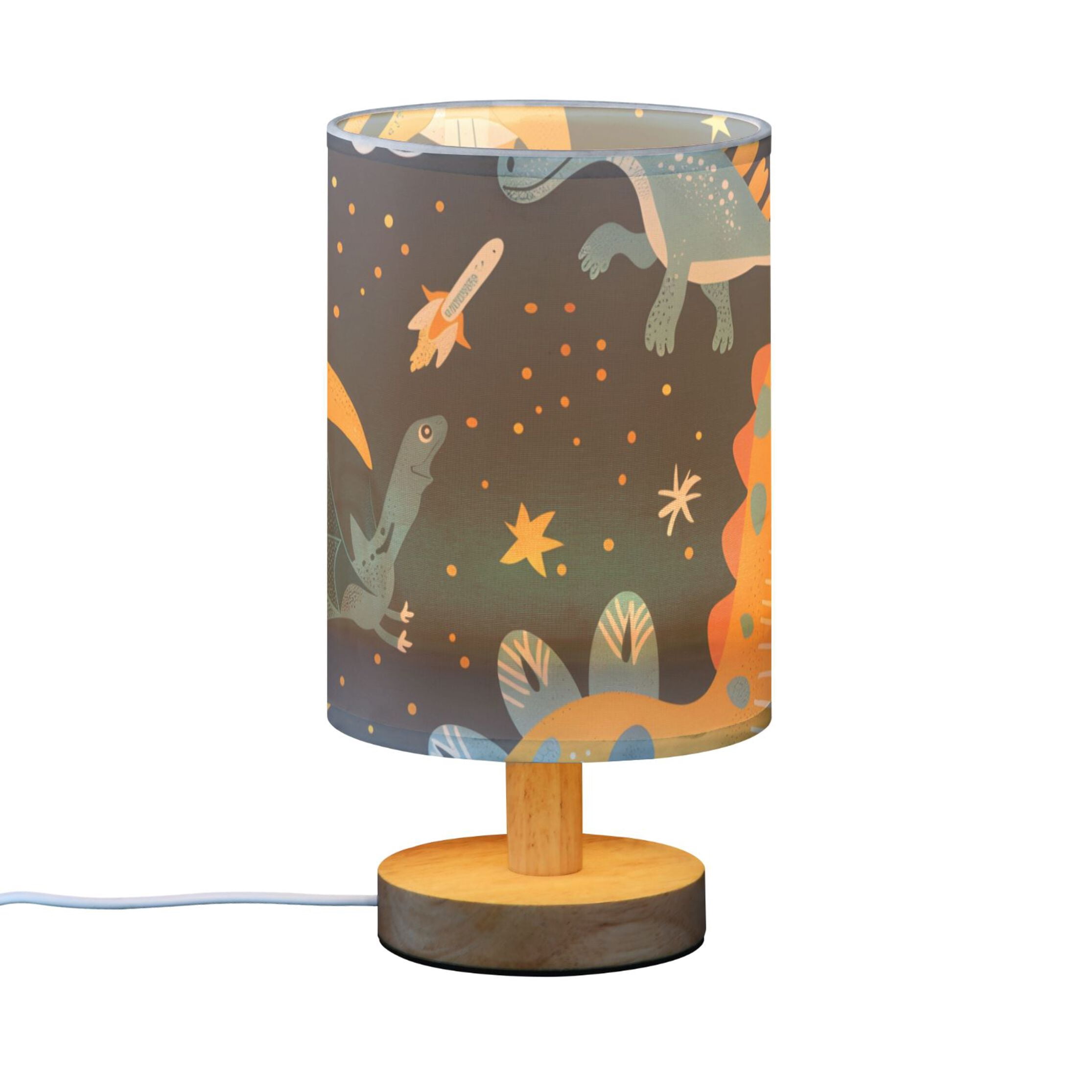 Dinosaurs in Space Table Lamp USB Bedside Desk Nightstand Lamp Printed Gifts Small Lamp Wood Base for Bedroom Living Room Kids Room College Dorm