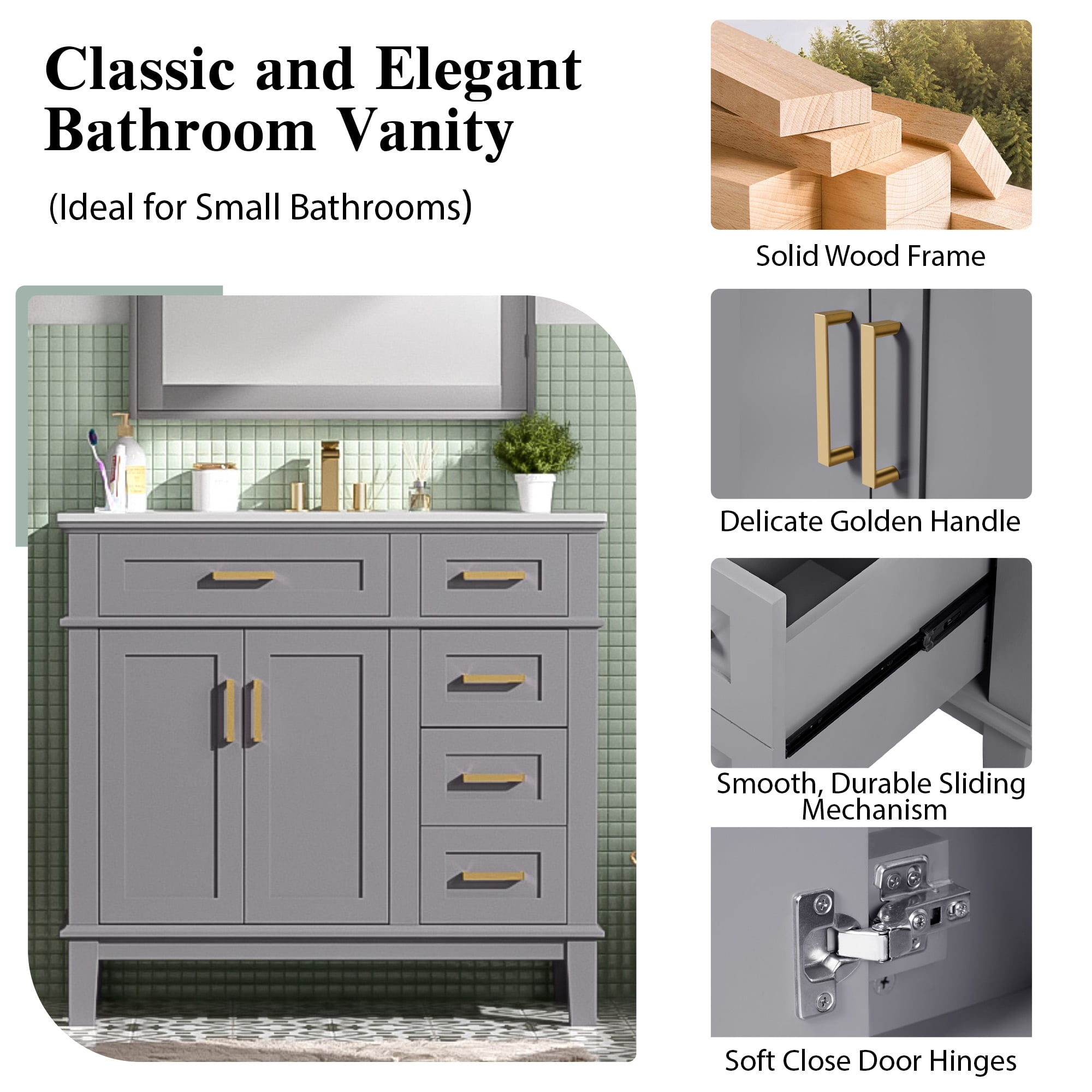 Euroco 36" Bathroom Cabinet with Ceramic Sink, Soft-Close Doors, Golden Handles, Ample Storage, and Overflow Protection