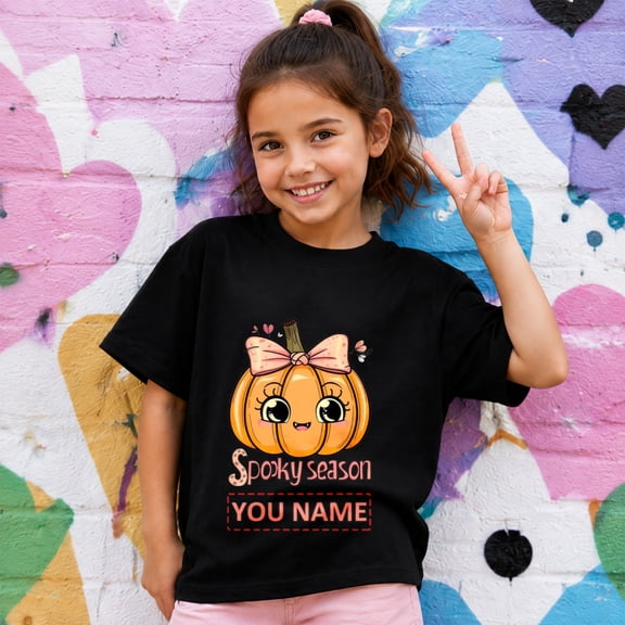 Girls Halloween Shirt, Personalized Spooky Season Pumpkin Graphic Short Sleeve T-Shirt