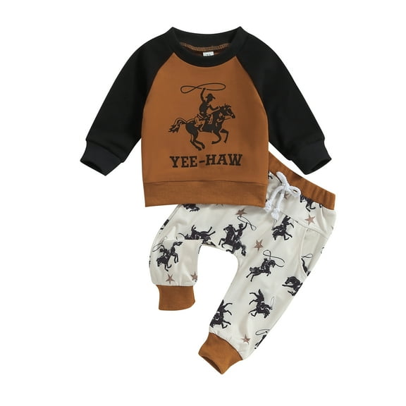 Western Baby Boy Clothes Yee Haw Long Sleeve Sweatshirt 6M 12M 18M 24M 3Y Tops Ride Horse Pants Set Cowboy Fall Winter Outfit
