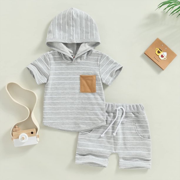 Sudadera Con Capucha Y Pantalones Cortos Baby Boy Sudadera con capucha Top + Pantalones cortos Patchwork con capucha + Pantalones cortos (Gris claro 12-18M) Cgtredaw Para estrenar