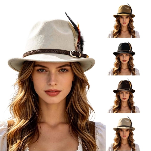 XIAOCHA Womens Braided‑Buckle Fedora Hat Solid Wide‑Brim Hat Outdoor Festival Hat,White