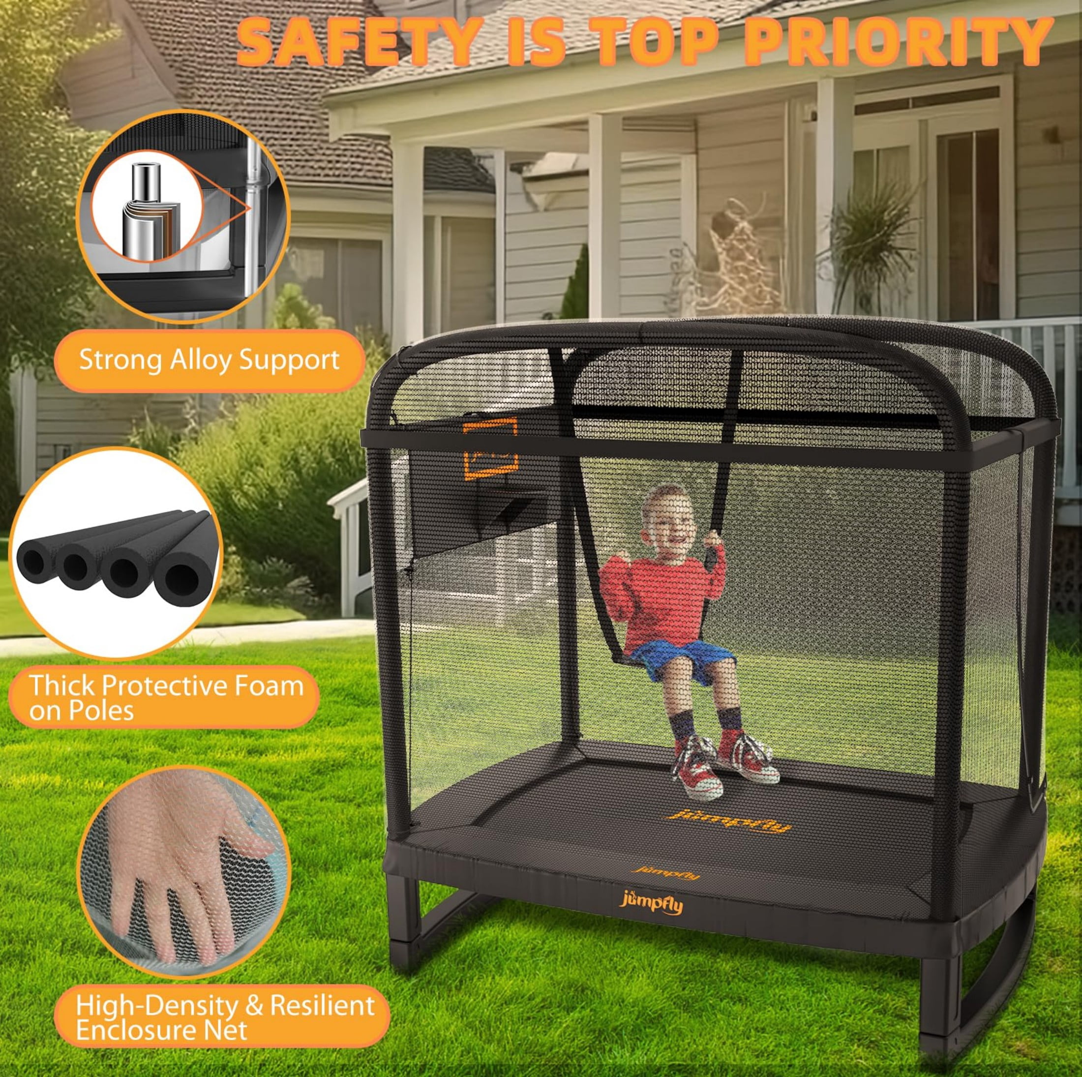 Jumpfly 6FT Rectangle Trampoline for Kids,Toddler with Enclosure Swing&Basketball Hoop,Mini Small Baby Indoor&Outdoor , for Age 3+