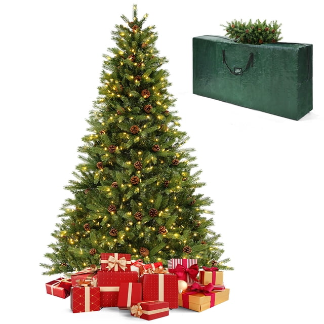Gymax Sapin de Noël Pré-Éclairé 7 Pieds en PE & PVC 3 Minutes Forme Rapide avec Sac de Rangement