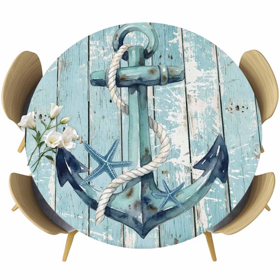 Teal Nautical Round Tablecloth 36-44 Inch Round Fitted Table Cloth with Elastic Edge, Summer Coastal Ocean Anchor Wooden Grain Waterproof Table Cover Protector for Outdoor Picnic Party Dining