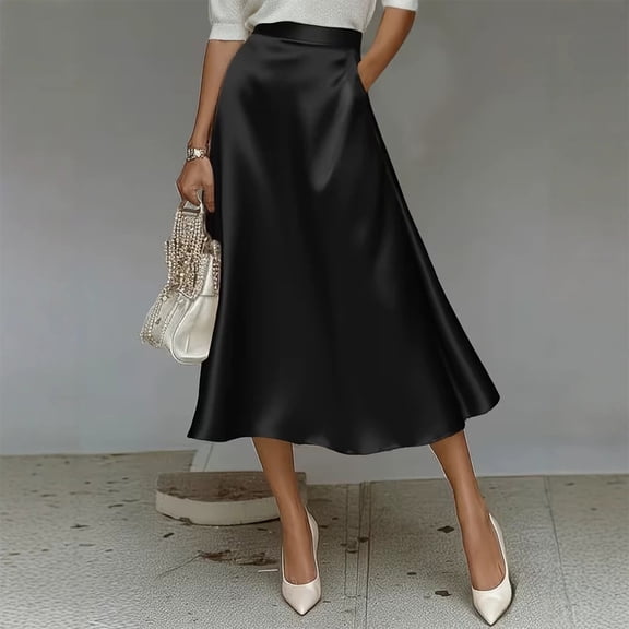 Morttic Women's Elegant Solid Color Silky Satin A-Line Midi Skirt – High Waist Flowy Swing Skirt with Hidden Side Pockets Black,S