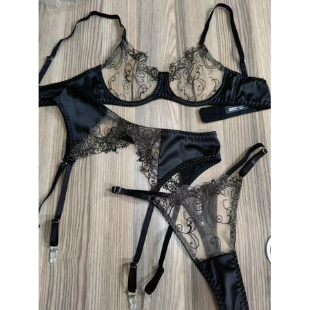 Generic French Sexy Lace Lingerie Women s Ultra-Thin See-through Big Chest Small Sexy Seduction Bra Suit Garter Belt