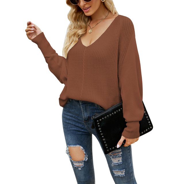Suéter de punto con cuello en V para mujer, suéter informal holgado de manga larga con un hombro, color rojo pardusco S