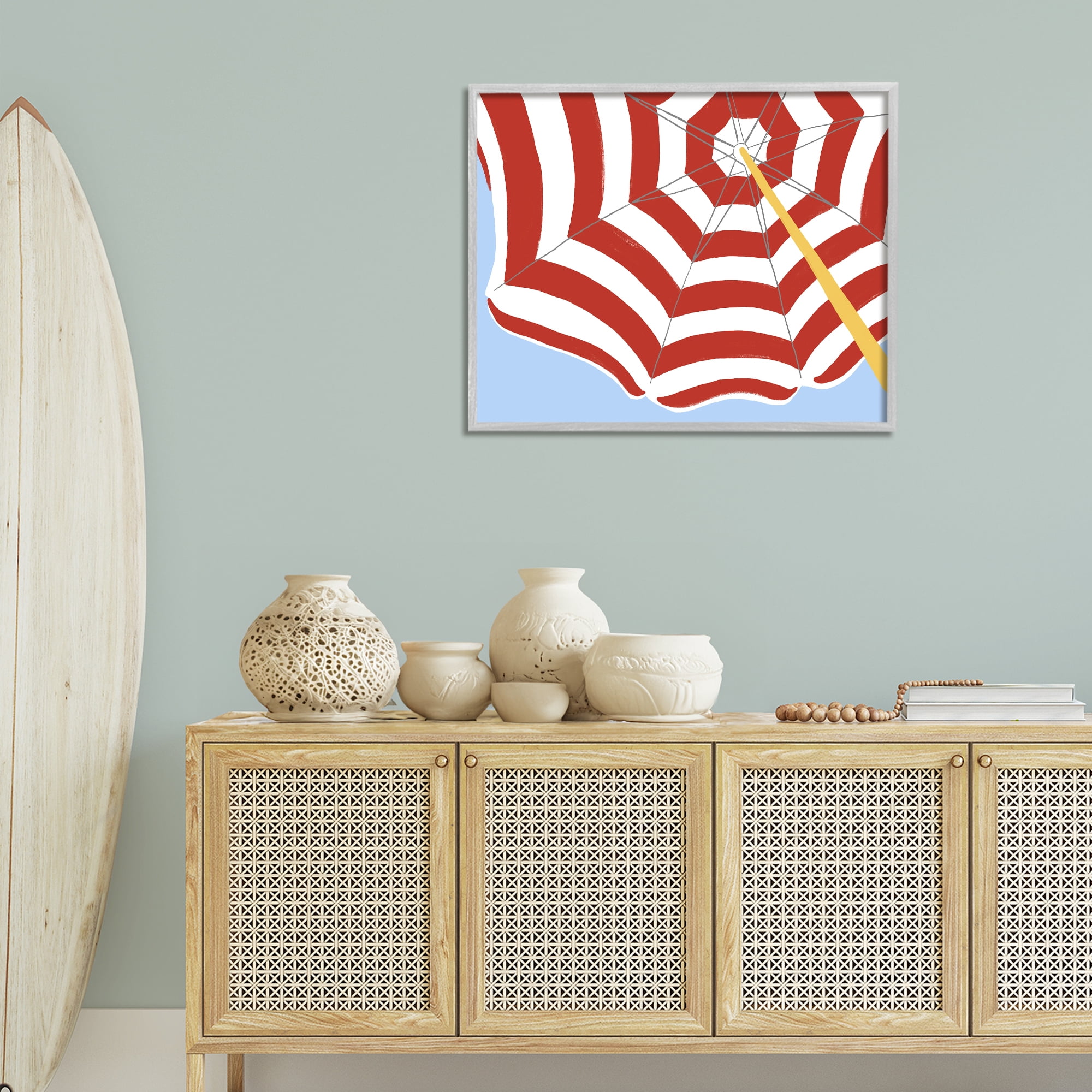 Stupell Industries Red & White Umbrella Coastal Painting Gray Framed Art Print Wall Art, 30 x 24