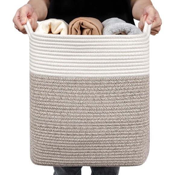 Laughbird Small Slim Laundry Hamper-Large Laundry Basket,Tall Cotton Storage Basket with Handles,Decorative Basket for,Collapsible Large Basket for Toys,Dirty Clothes,Pillows,Clothes Bin(White/Brown)