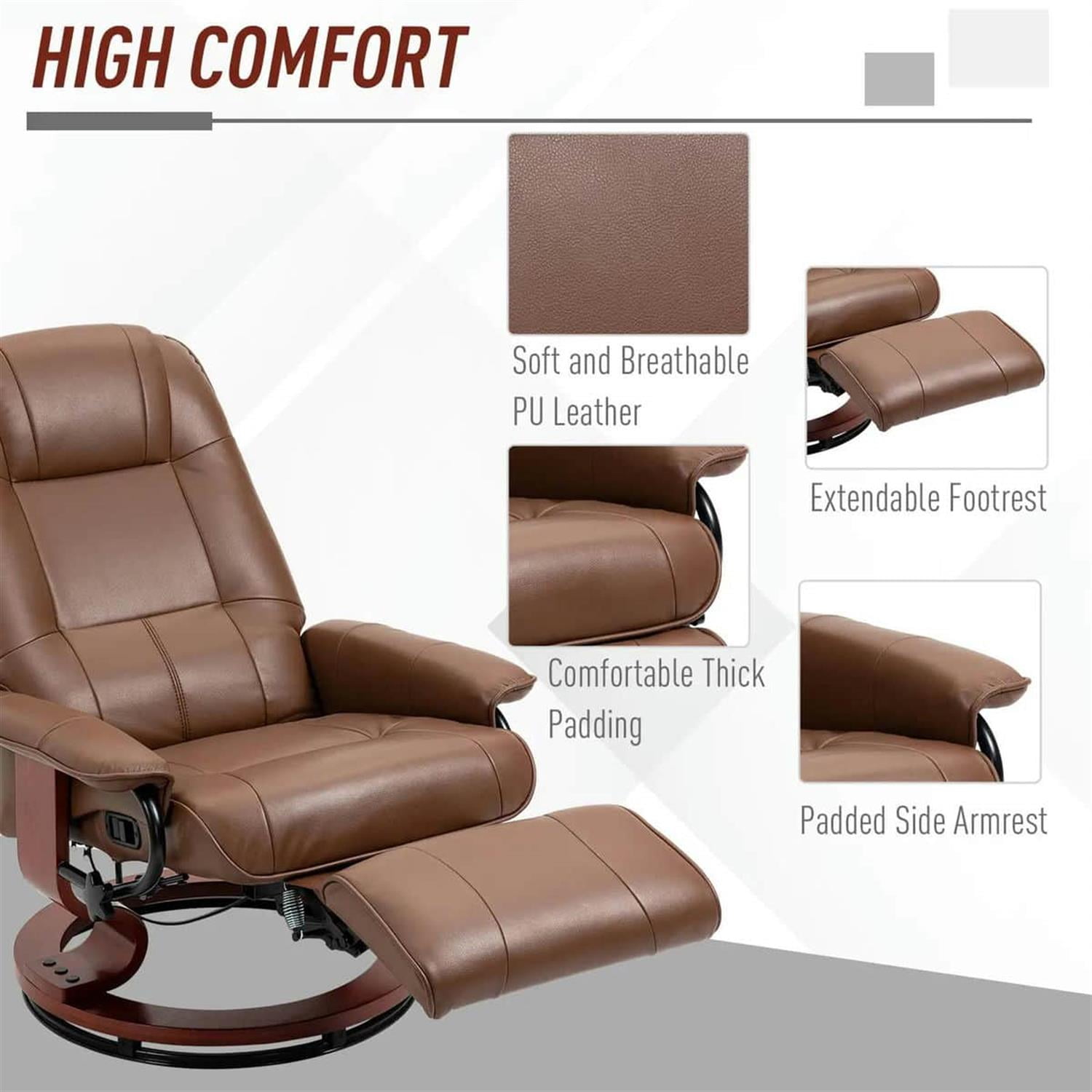 Demi Bonn 39" Faux Leather Swivel Recliner with Footrest, Armrest and Wooden Base for Living Room, Comfort High-Backed Sofa Chair, Brown