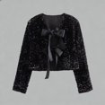 thumbnail image 2 of Women Tie Front Sequin Jacket Long Sleeve Sparkly Cropped Coat Outwear with Bow Party Bow Party Concert Night Club (S, Black), 2 of 7