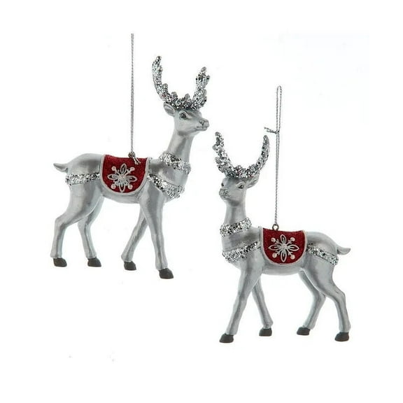 Set of 2 SILVER & RED DEER Christmas Ornaments, by Kurt Adler