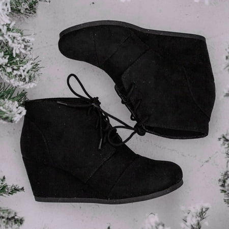 

Cathalem Boots for Women Outdoor Short Toe Round LaceUp Warm Retro Color Women Keep Wedges Shoes Solid Booties women s boots Shoes Black 8