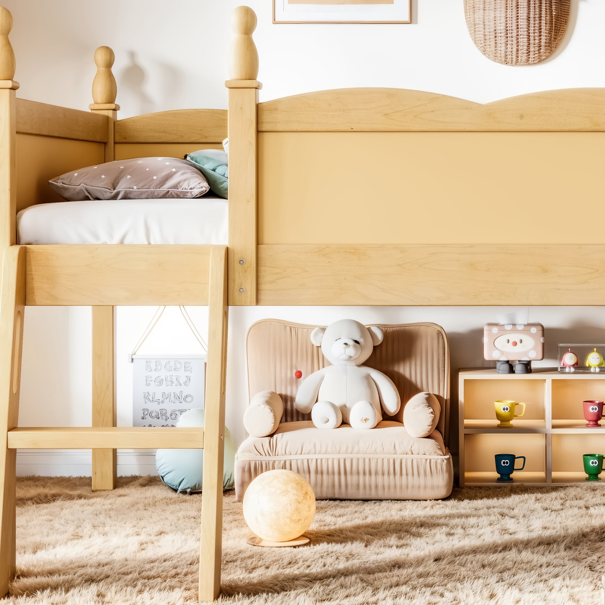 Safe Twin Size Low Loft Bed with Full-Length Guardrails and Bookshelf, Solid Wood Bed with Ladder for Kids and Teens, Natural
