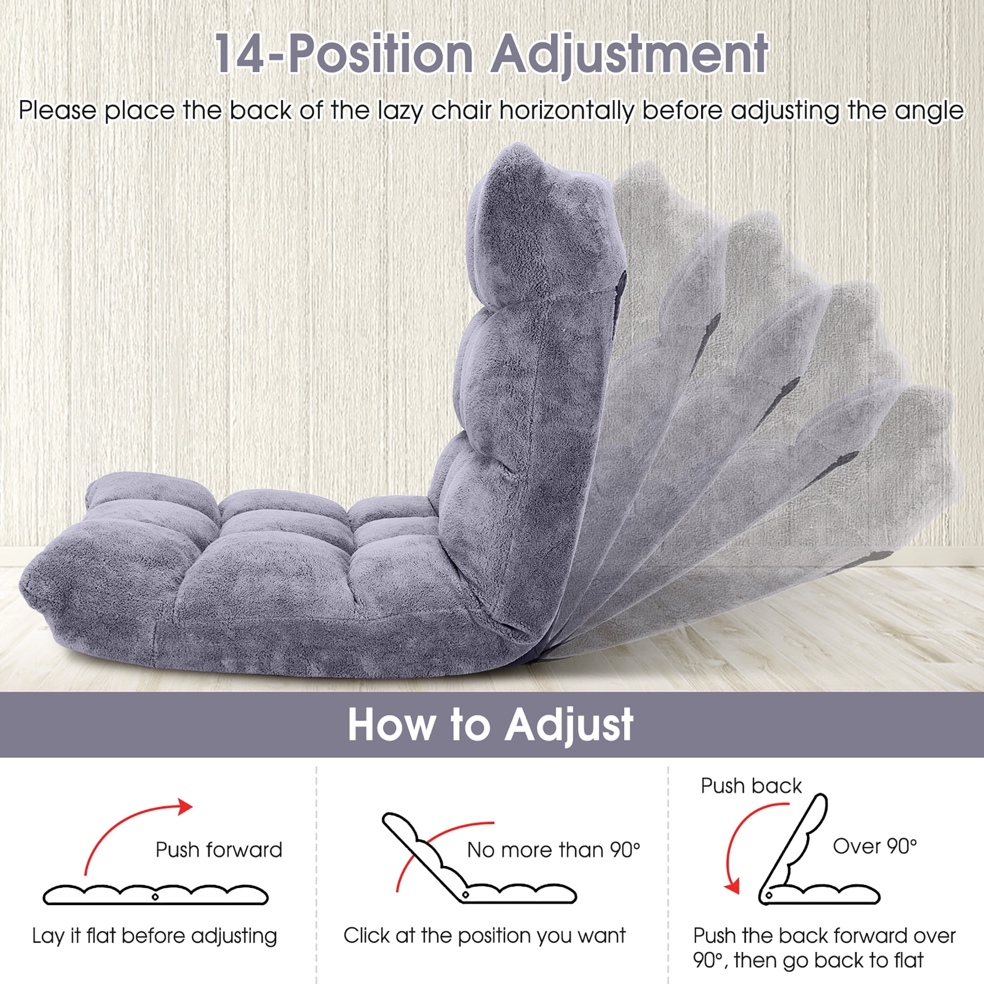 Costway Adjustable 14-Position Floor Chair Folding Lazy Sofas & Couches Cushioned Gray