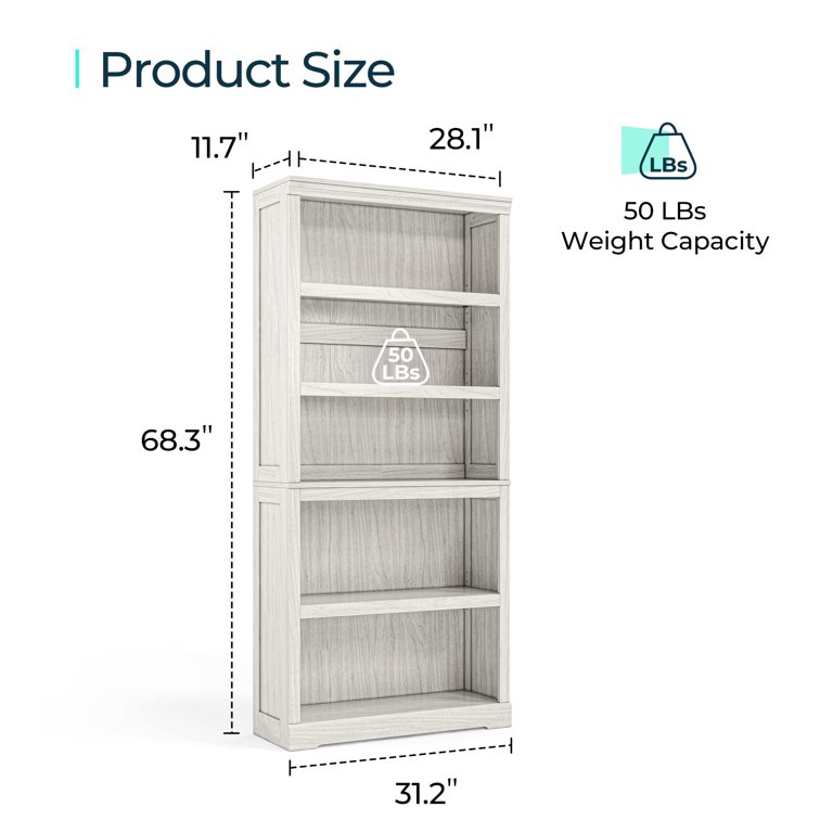 LINSY HOME 68in 5 Tier Bookshelf, Tall Bookcase Shelf Storage Organizer,  Modern Book Shelf for Bedroom, Living Room and Home Office,White Oak 