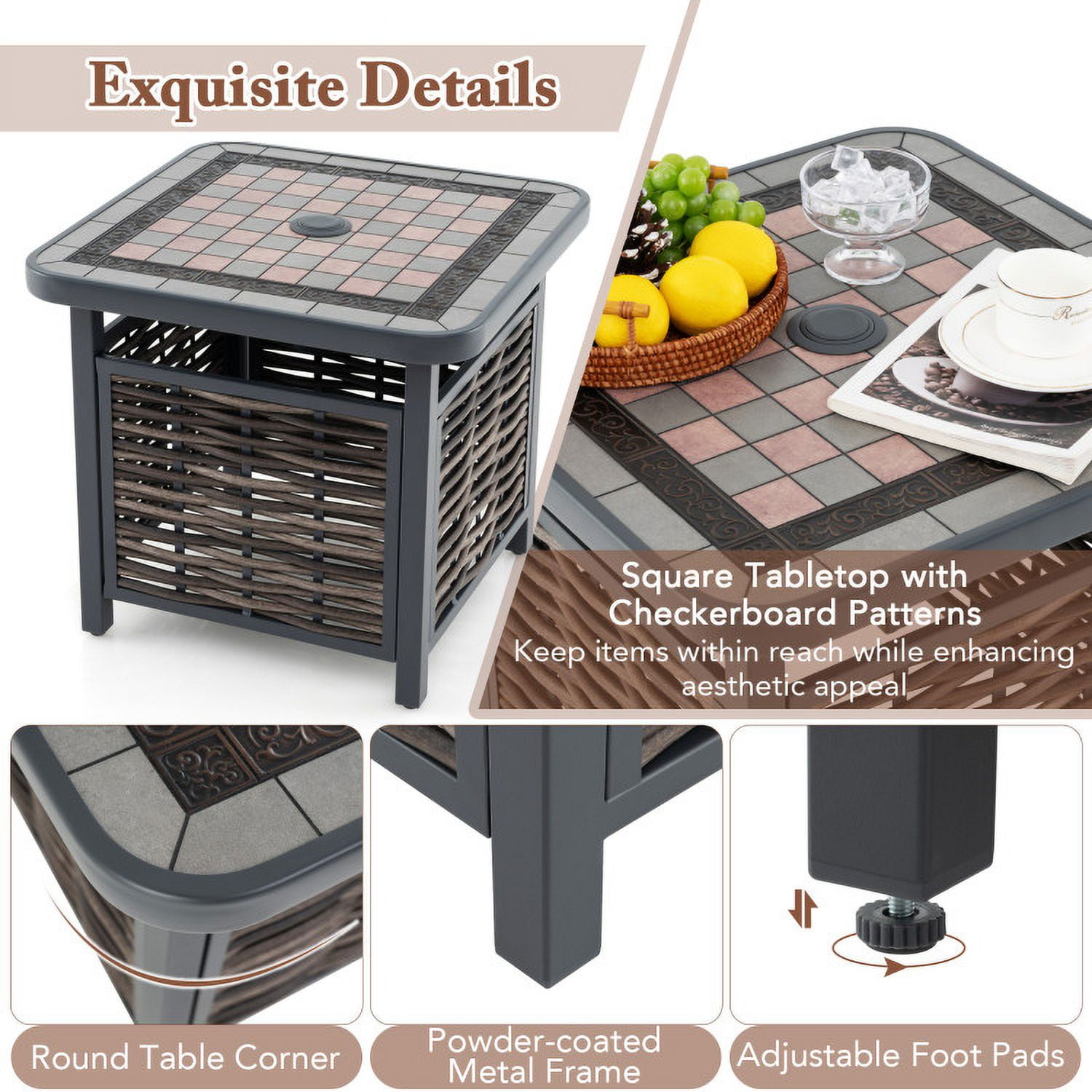 Barara King 21.5 Inches Outdoor PE Rattan Side Table Square End Table with Umbrella Hole