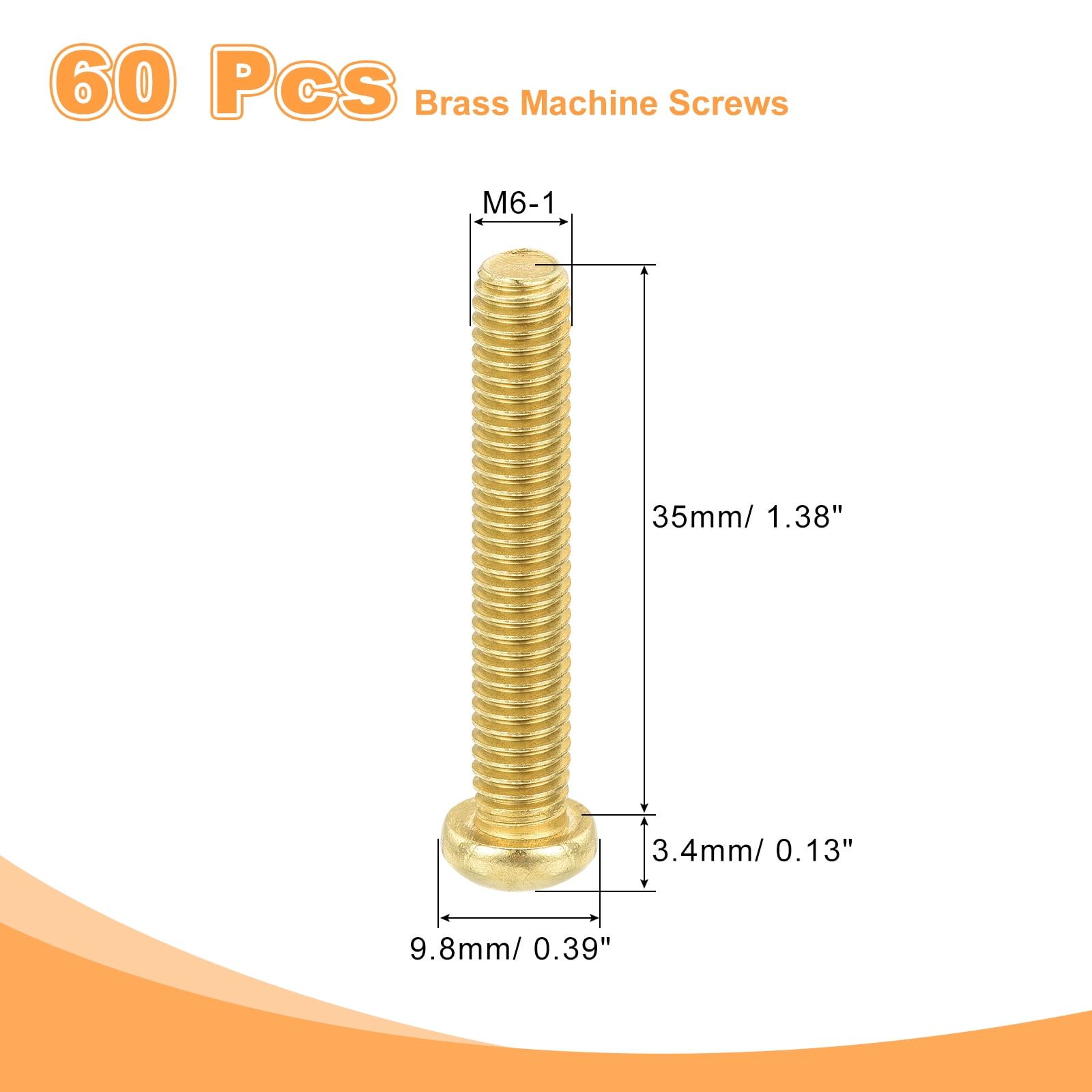 60Pcs Brass Machine Screws, M6x35mm Phillips Pan Head Fastener Machinery Bolts, Pan Head Fastener Bolts for Furniture, Office Equipment, Electronics, Brass
