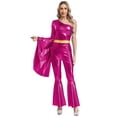 thumbnail image 3 of Jowowha Womens Metallic Shiny Flare Sleeve One Shoulder Bodysuit Hippie Bell Bottom Jazz Dance Outfit Hot Pink 3XL, 3 of 5