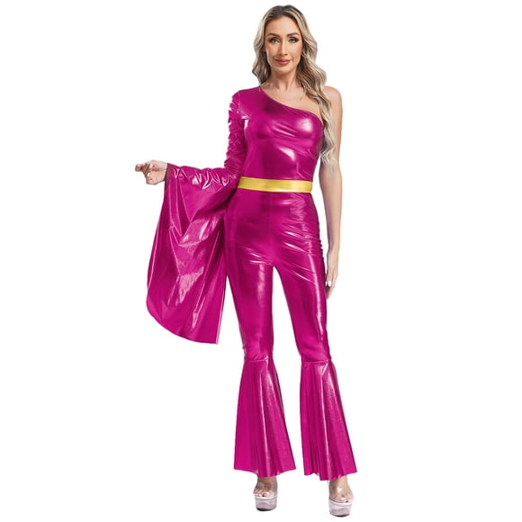 Ocealan Womens Sparkly Metallic 70s 80s Disco Costume Flare Sleeve Jumpsuit Hippie Bodysuit HotPink 3XL