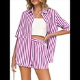 thumbnail image 3 of Conjunto de Dos Piezas para Mujer 2025: Camisa A Rayas y Pantalones Cortos. Rosa Roja L, 3 of 7