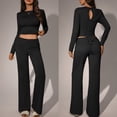 thumbnail image 4 of Stichou Womens Basic Two Piece Outfits Long Sleeve Spring Summer Slim Crop Top Fold Over Leggings Pants Set Matching Tracksuit Black L, 4 of 6