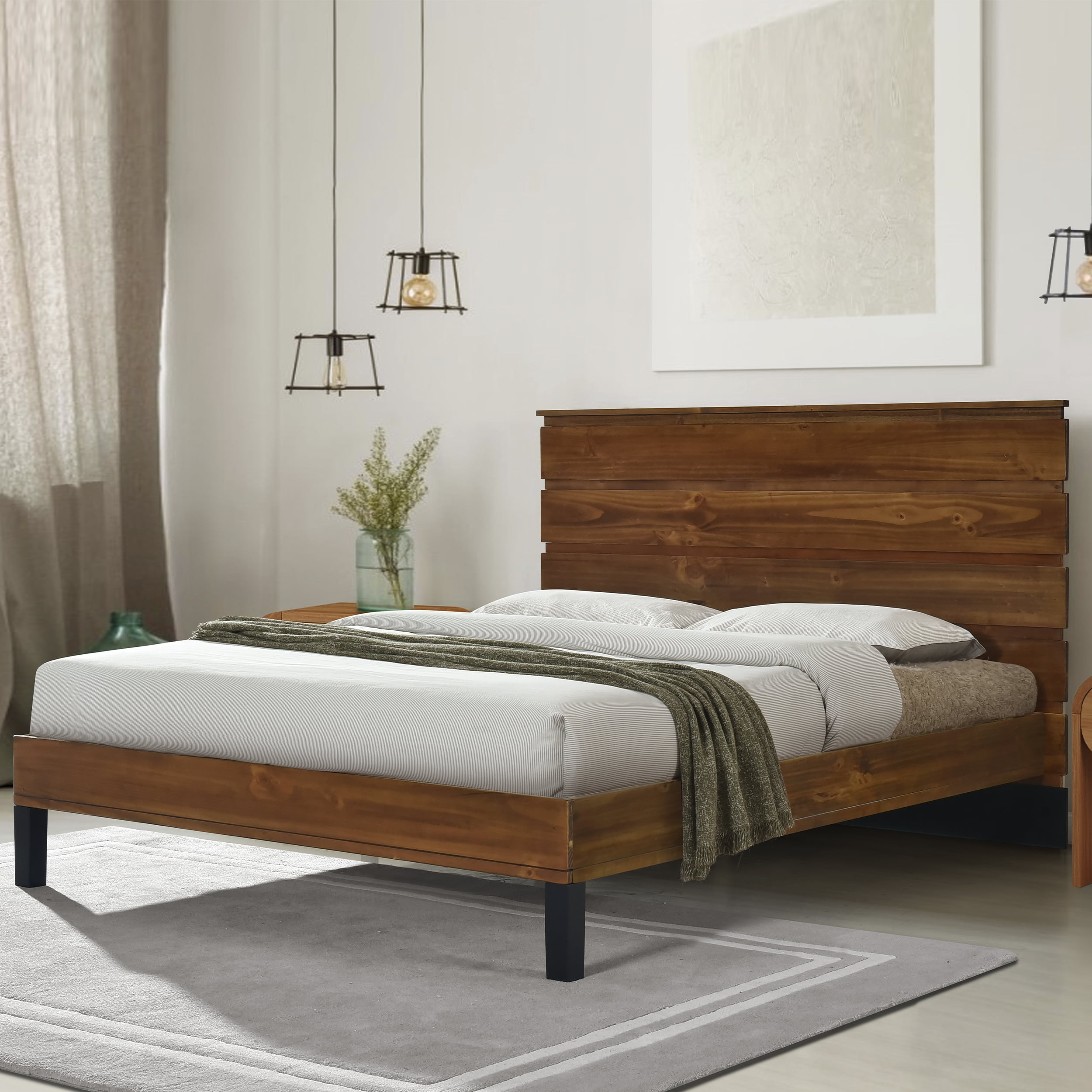 Euroco Wood Bed Queen Platform Bed with Six-Piece Headboard Design for Kids Adults,Brown