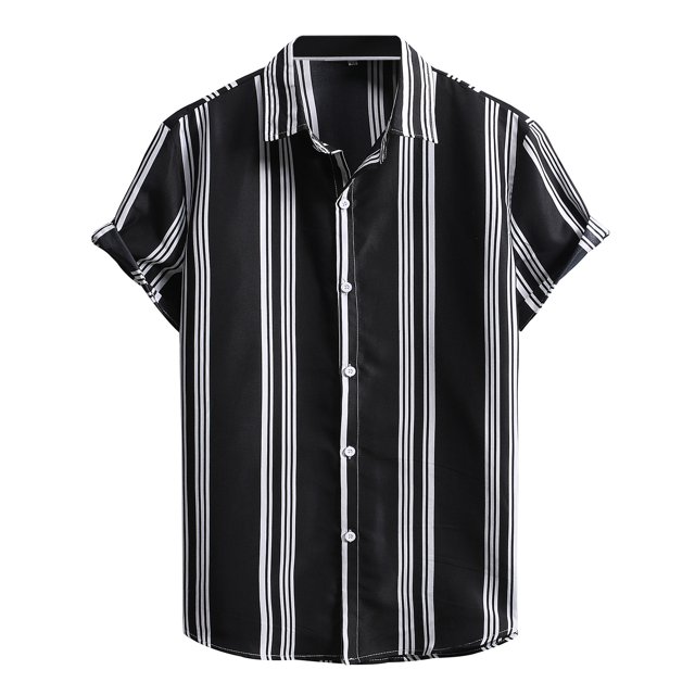 Camisas Deportivas Hombre Camisa informal de verano para hombre, blusa con estampado de rayas, manga corta, cuello vuelto, botón, camisa de , Top (Black, XL)