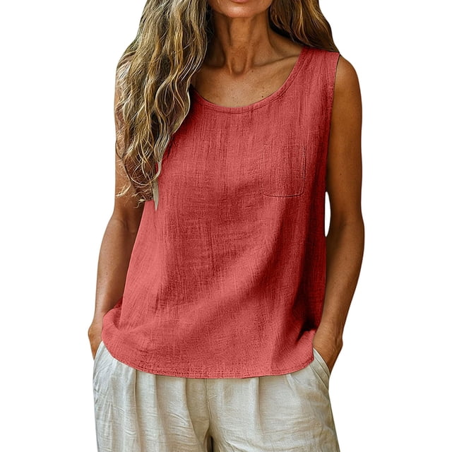 YAZHPA Hauts en Lin pour Femmes, Débardeurs en Coton et Lin pour Femmes, Chemises d'Été Sans Manches Décontractées à Col Rond, Rouge TG