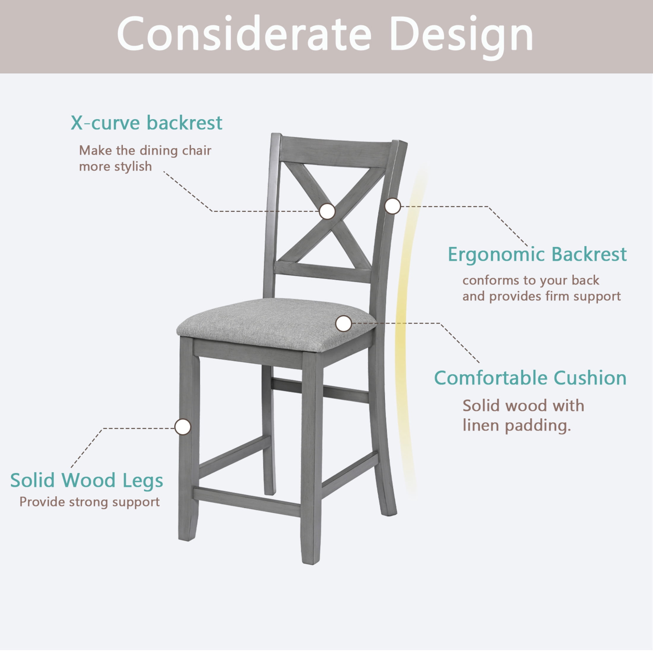 Noble House 40" Farmhouse Counter Height Bar Chairs with Padded Seat Set of 4, X-Shaped Backrest, Gray