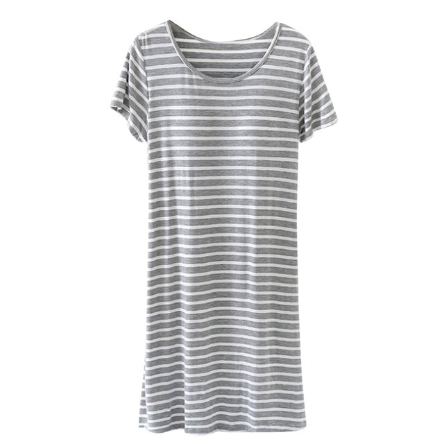 Tnhcen Robe de Pyjama à Rayures en Modal pour Femme avec Coussinets de Soutien-Gorge Intégrés - Vêtement de Nuit Doux et Confortable Col Ras du Cou Manches Courtes Tissu Extensible Facile d'Entretien Tenue Décontractée à la Maison M-3TG