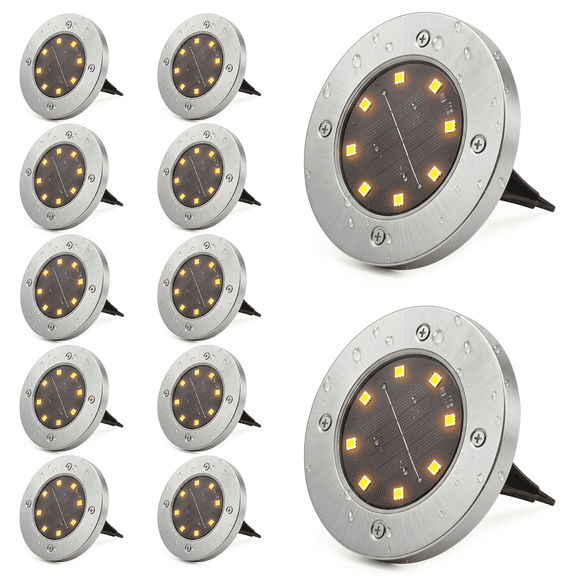 Solar Ground Lights Outdoor 12 Pack, 8 LED Waterproof Solar In-Ground Disk Lights for Garden Patio Yard Lawn Pathway, Warm White
