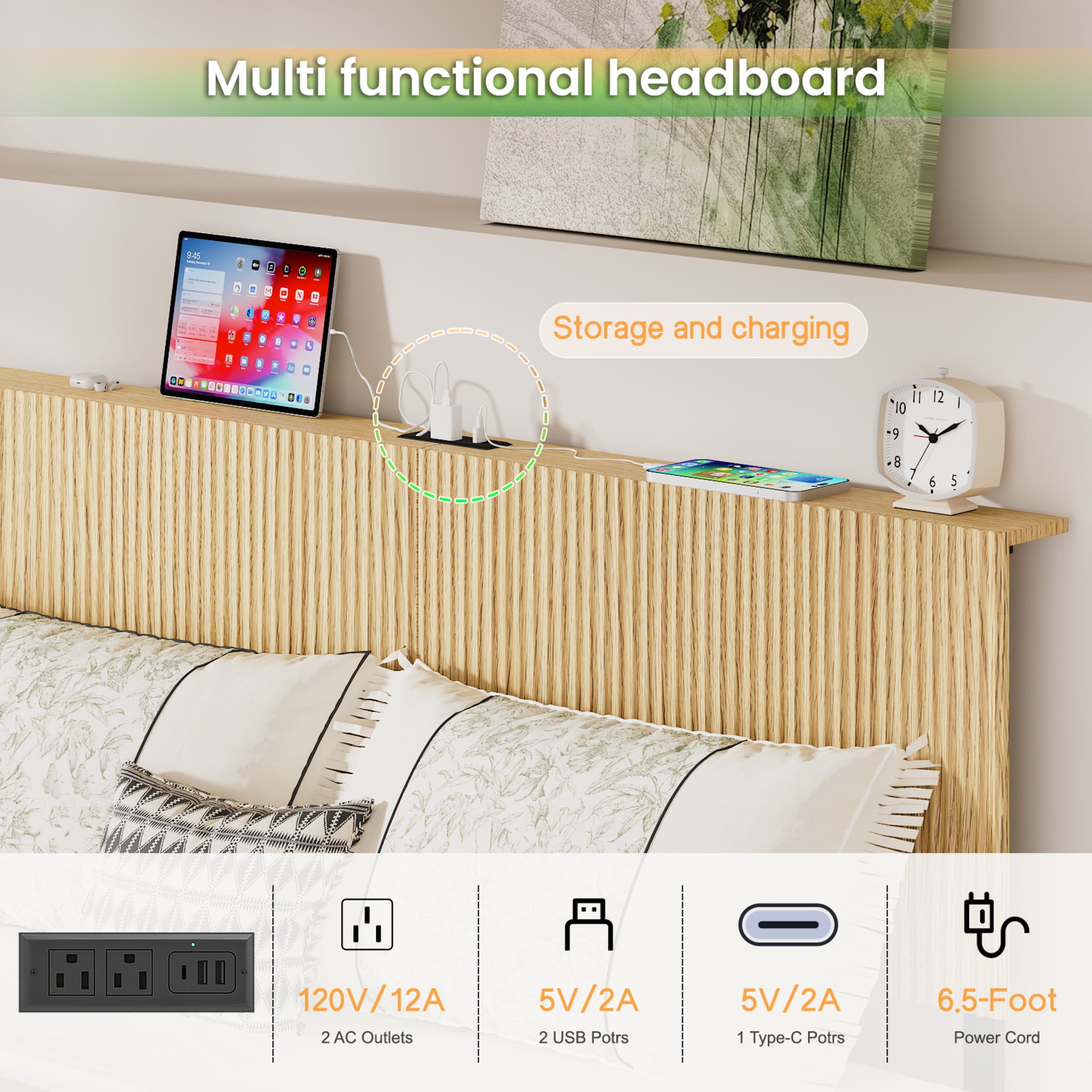 Noble House Modern Queen Floating Bed Frame with Charging Station, LED Lights & Wavy Headboard, Oak