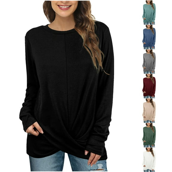 Fanxing Summer Clearance Long Sleeve Shirts For Women Twist Front Tops Fall Fashion 2025 Tunic Blouses Dressy Casual Pleated Crew Neck Tees Shirts
