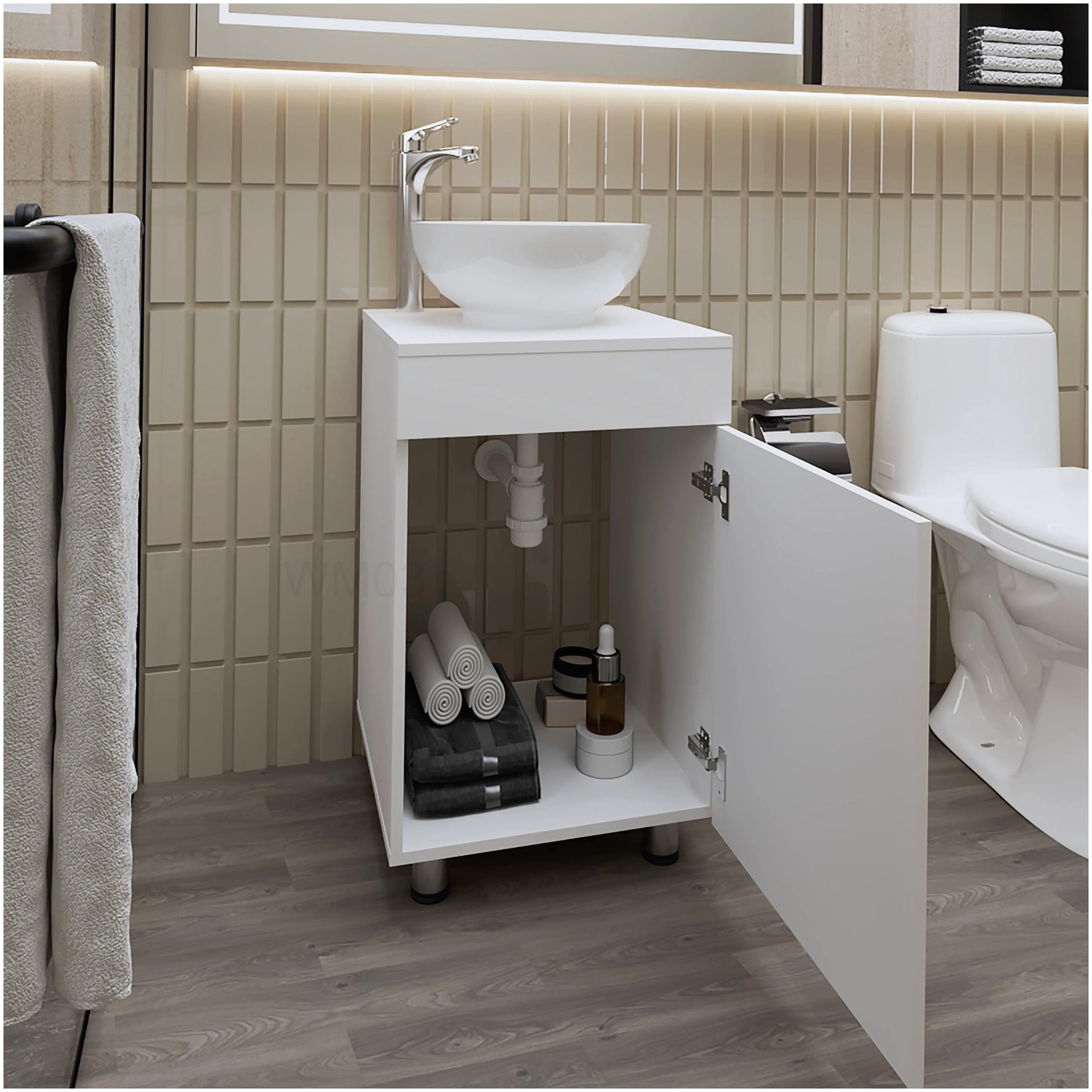 Compact White Bathroom Vanity with Integrated Sink and Drawer