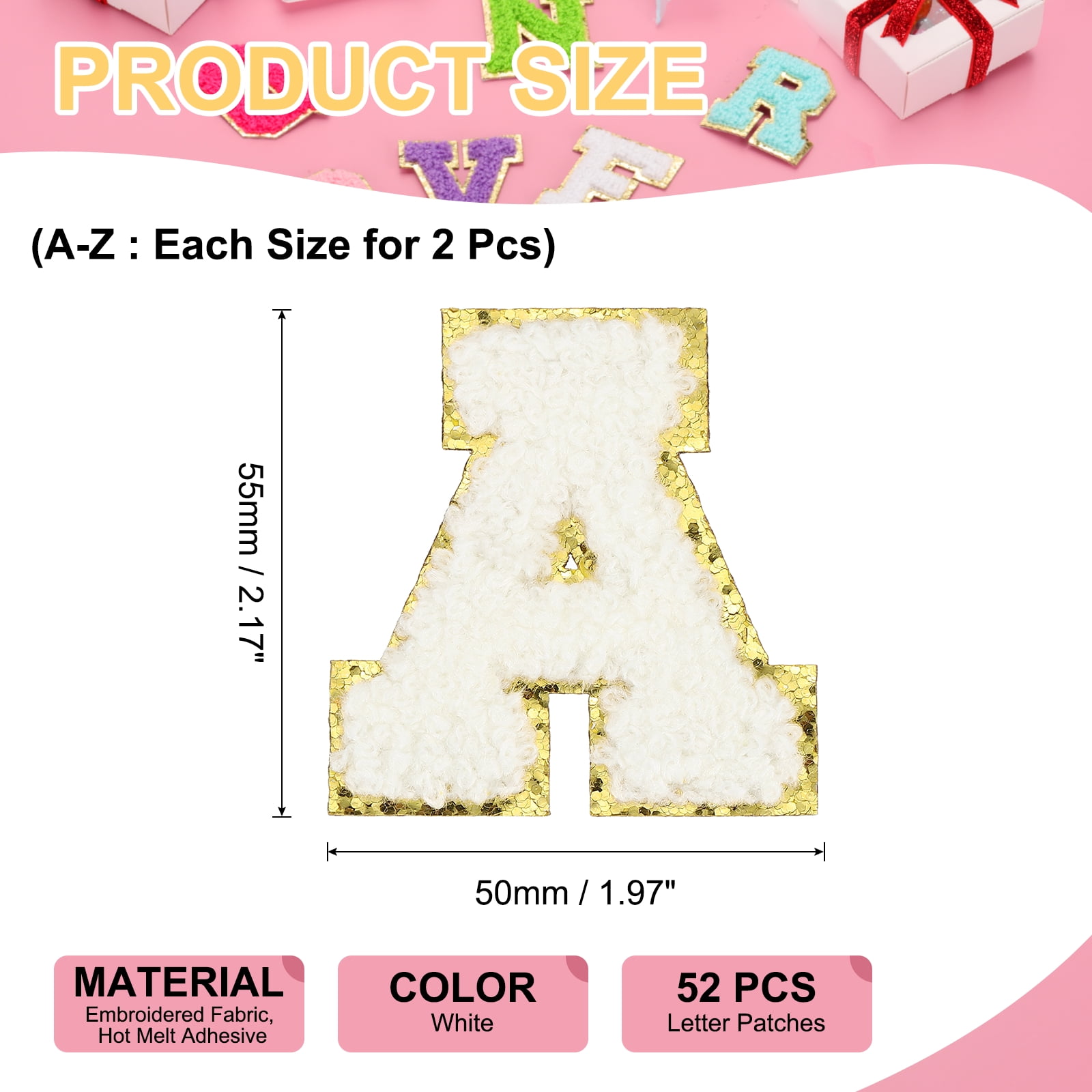 Uxcell Letters Patches, 52 Pcs Initial Letter A-Z Iron on Patch Embroidered Fabric Alphabet Stickers for Clothes Hats Makeup Bags DIY, White
