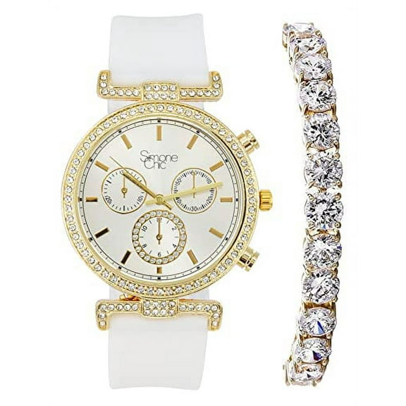 Stand Out Get Noticed! Big Face Ladies Bejeweled Rubber Iced Out Colorful Watch with Genuine Rhinestone Diamond Accents - Touch of Female Celebrity Glamour - ST10385T White Tennis