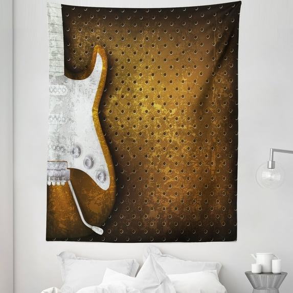 Rock Music Tapestry, Abstract Dotted Background Electric Guitar Musical Instrument Design Rock, Fabric Wall Hanging Decor for Bedroom Living Room Dorm, 5 Sizes, White Caramel, by Ambesonne