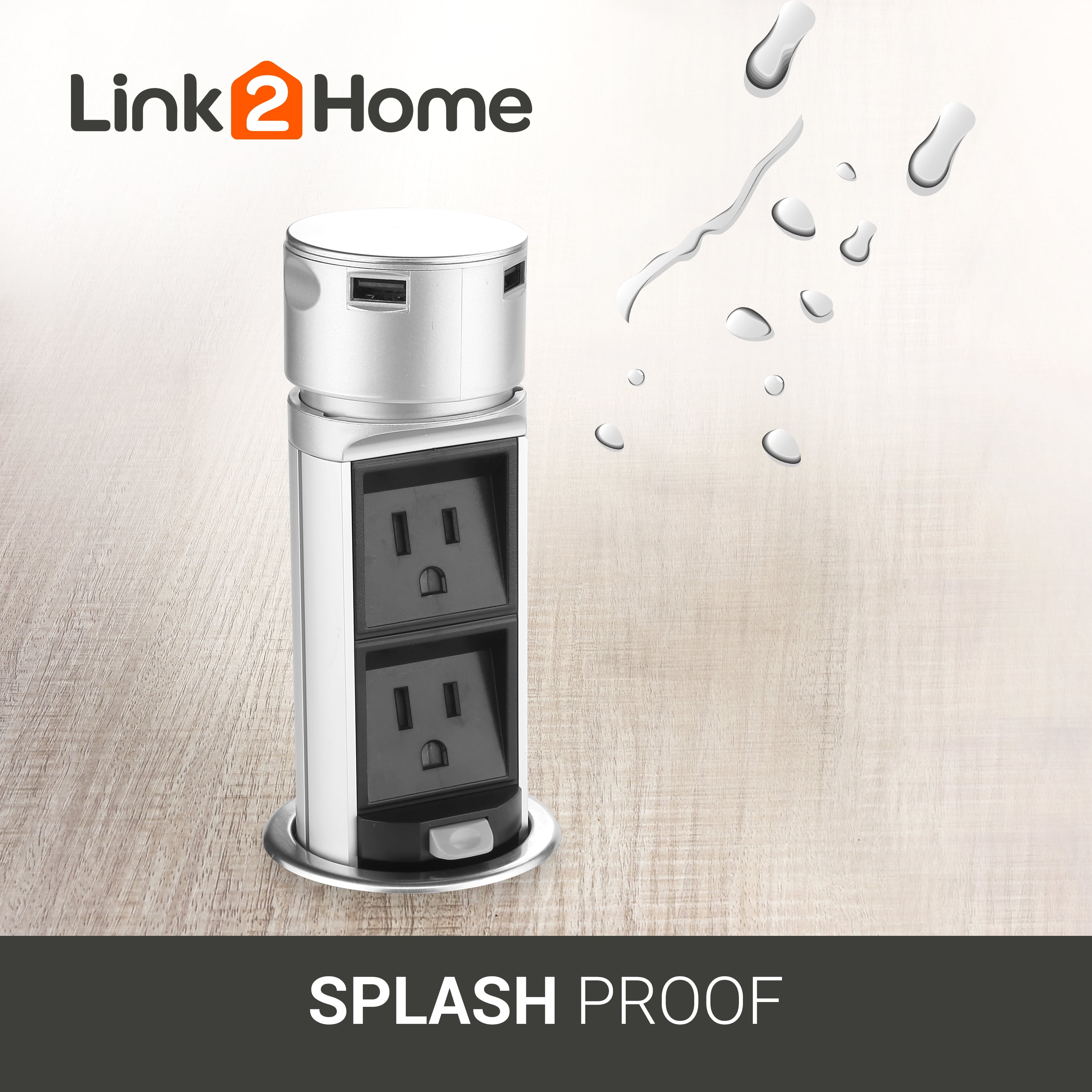 Link2Home Space Saver Pop Up Outlet, 2 Power Outlets, 2 USB Ports 2.4 Amp, Overload Protection, Splash Resistant