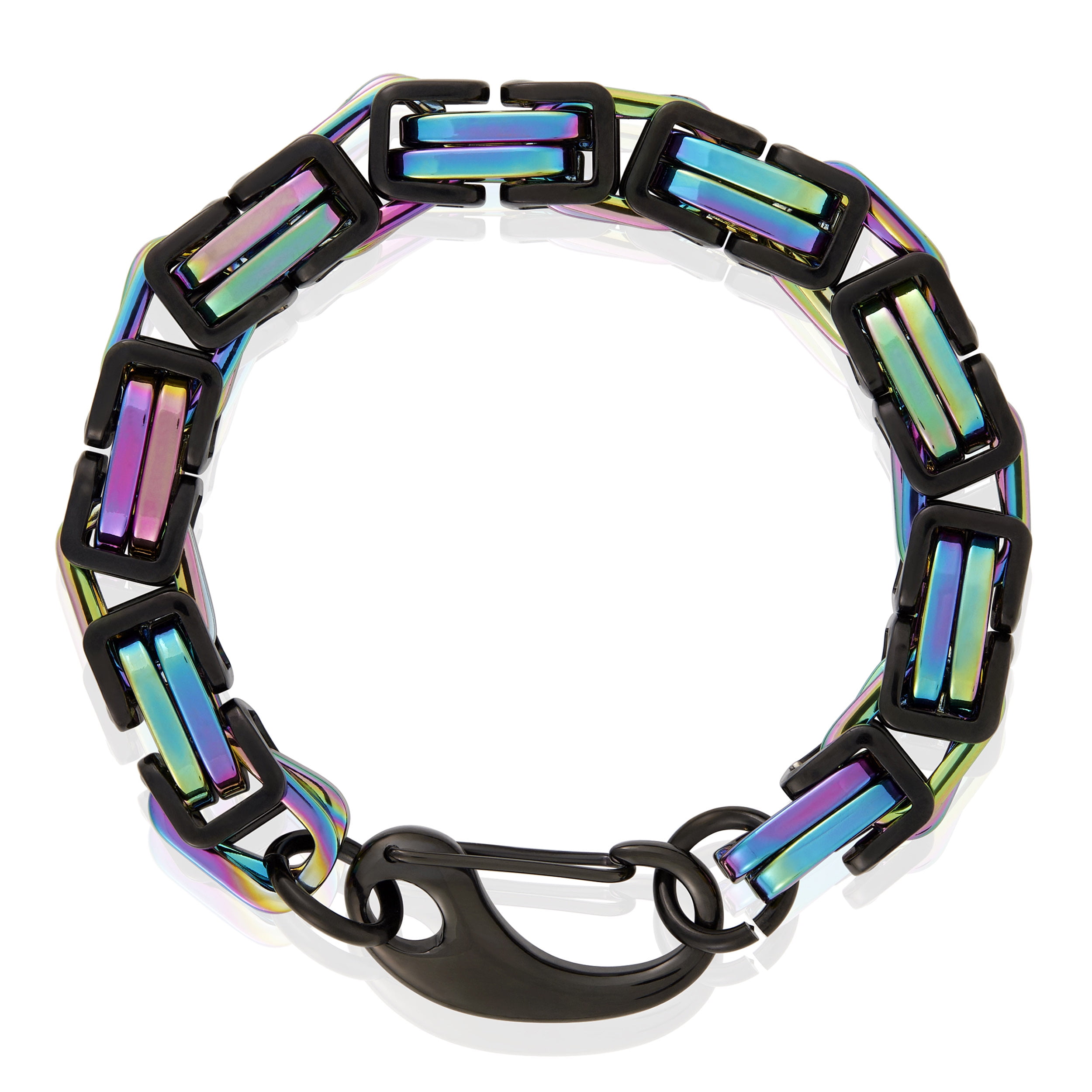 Crucible Jewelry Men's Black and Iridescent Plated Stainless Steel Byzantine Bracelet (11mm) - 9"