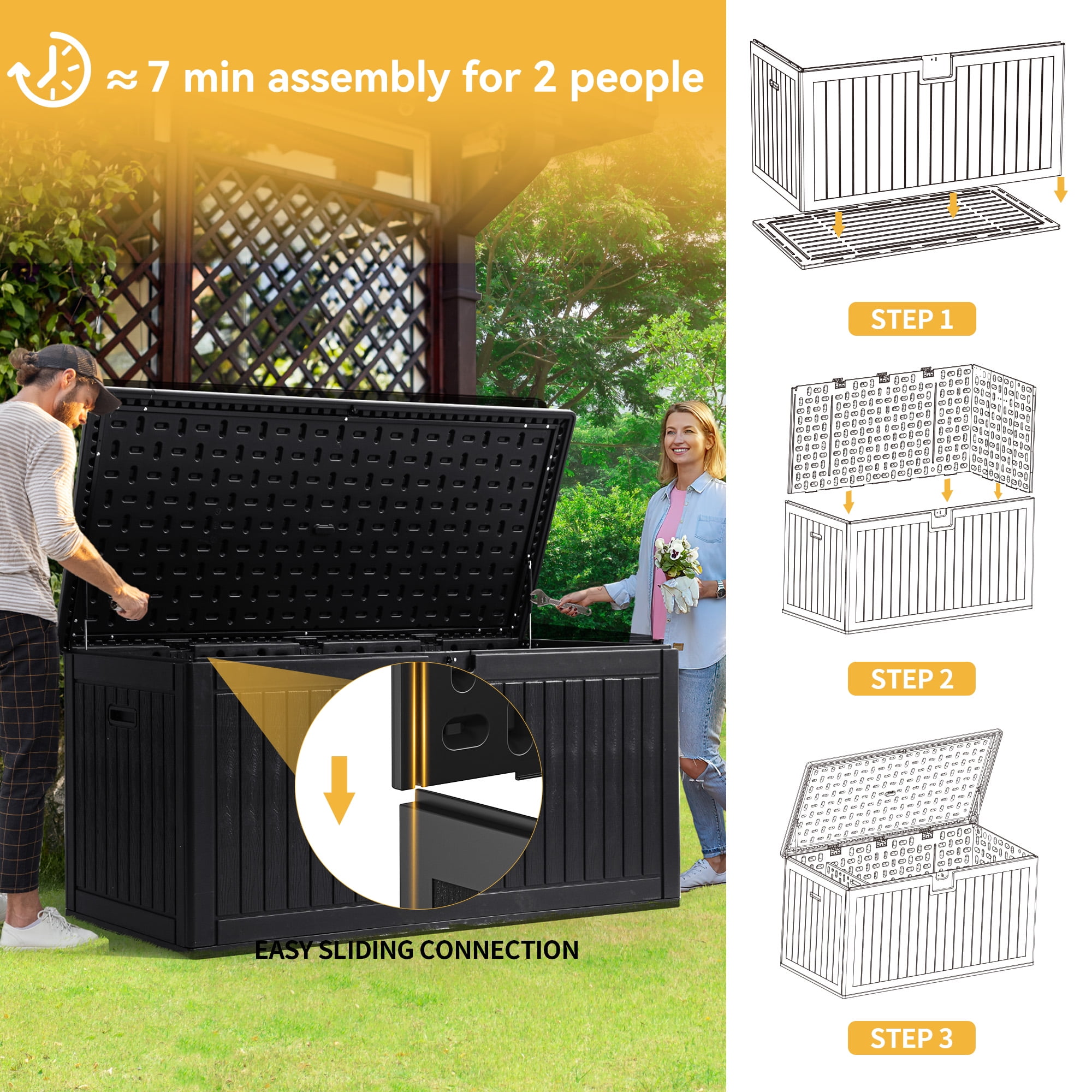 Dextrus 260 Gallon Waterproof Resin Deck Box, Lockable, for Patio Furniture & Garden Tools, Black