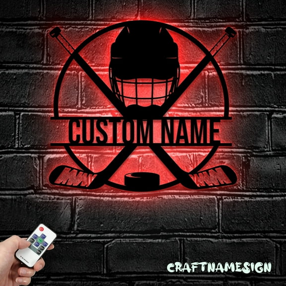 Craftnamesign Custom Ice Hockey Metal Wall Art LED Light, Player Stick Sign Home Decor