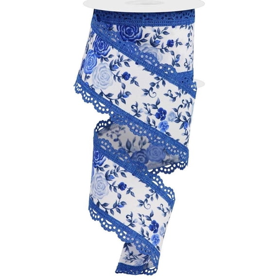 2.5" Mini Roses and Lace Ribbon: Blue (10 Yards)