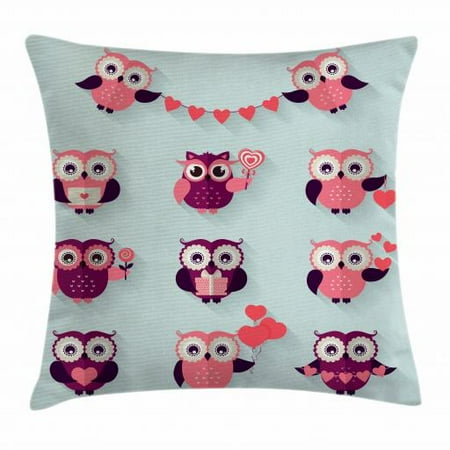 Valentine Love Letters - Engagement Party Throw Pillow Cushion Cover, Valentine Concept Long Eared Baby Owls Holding Love Letters and Hearts, Decorative Square Accent Pillow Case, 16 X 16 Inches, Multicolor, by Ambesonne