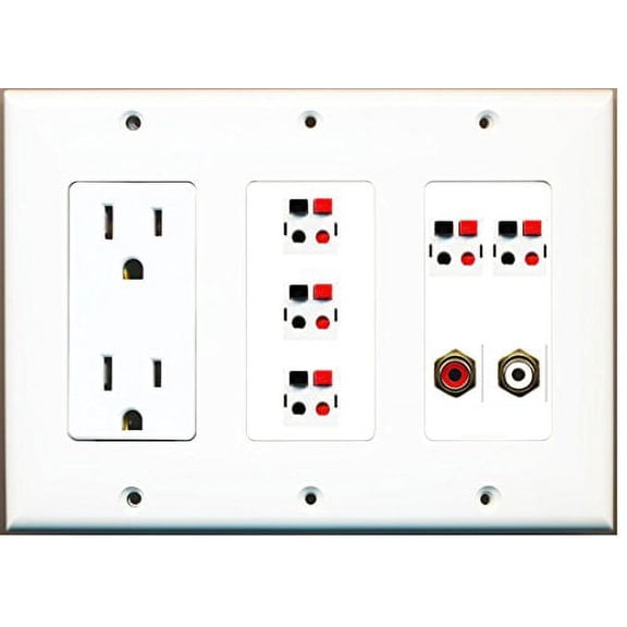 RiteAV - (3 Gang 15A Power Outlet RCA Red RCA White 5 Speaker Jack Wall Plate White