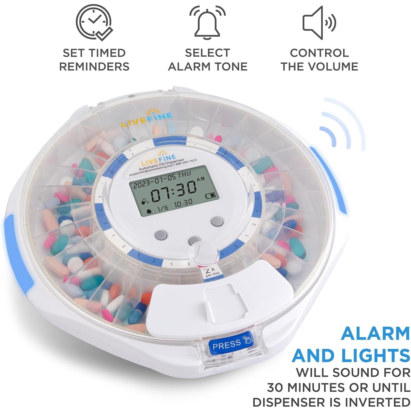 LiveFine Automatic Pill Dispenser 28-Day Organizer with 6 Dosage Rings LCD Alerts Key & Magnifier